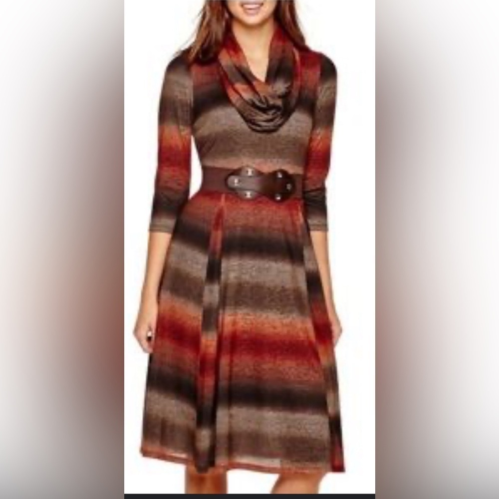 Signature by Robbie Bee Cowl Neck Dress With Belt Midi Rust 3/4 Sleeves Size Sm